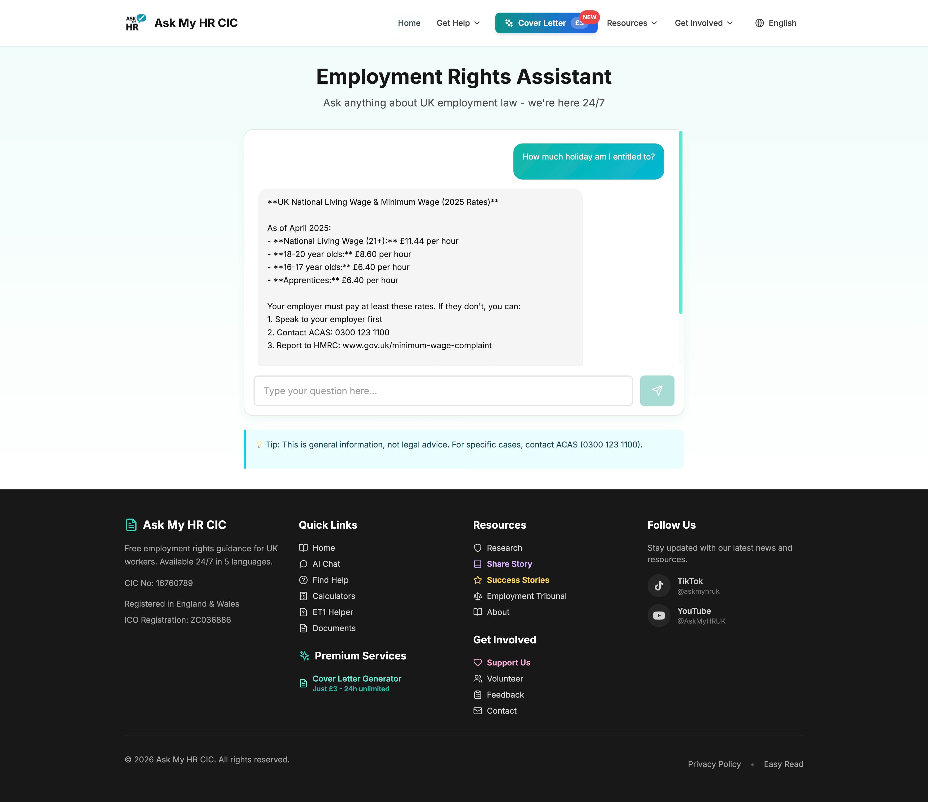 Ask My HR CIC — Employment Rights Assistant chat interface (archived)