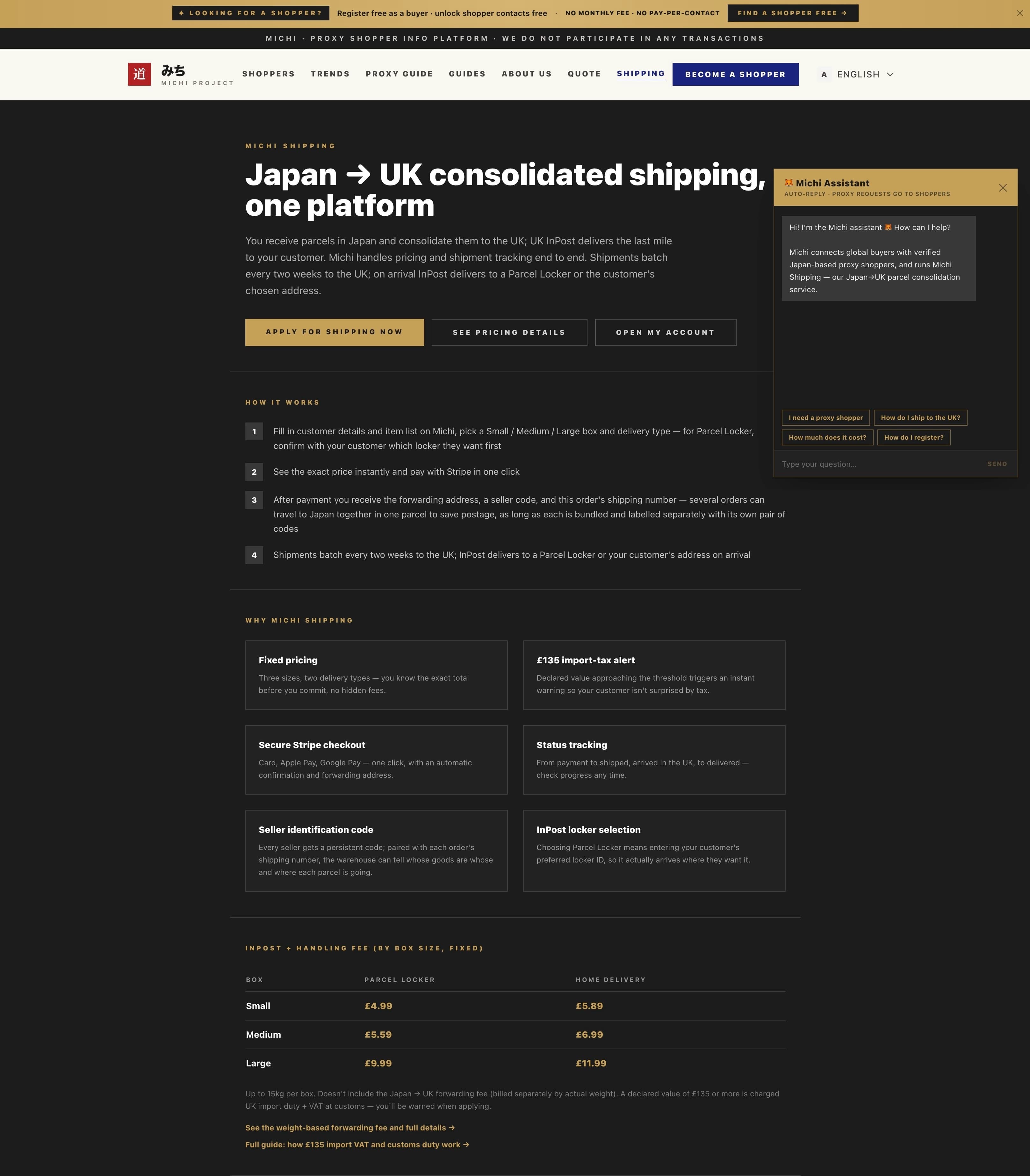 Michi International Shipping — Japan to UK consolidated parcel shipping